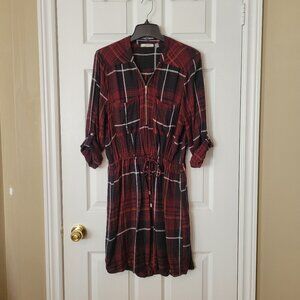 Dex Long Sleeve Cinched-Waist Zippered Dress ~ Black and Red Checkered ~ Sz L ~